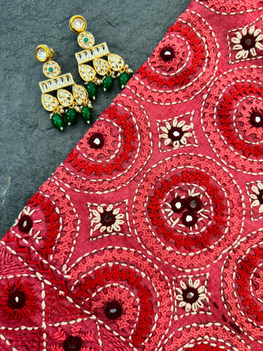 Lightweight Kutch Mirror Embroidery Pure Tussar Silk Saree | Shade of Light Vermillion Red | Hand Embroidery | Ships from California